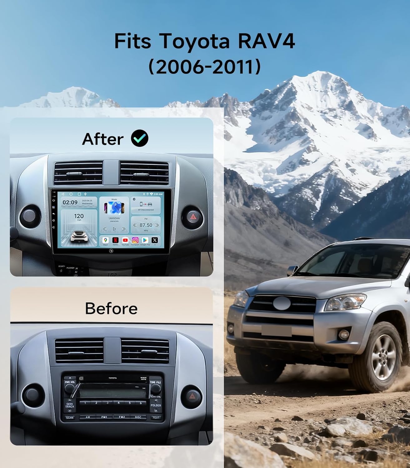 

5G WiFi Android Car Stereo for Toyota RAV4 2006-2011, 9 Touch Screen, Wireless CarPlay, Android Auto, Bluetooth, GPS, FM, Backu 2GB 32GB