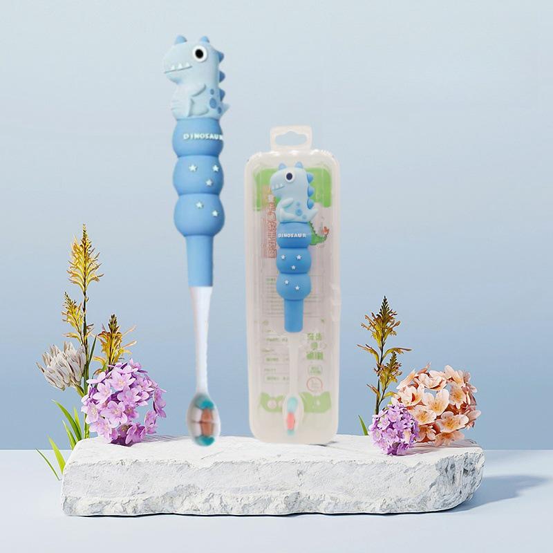 Children's Cartoon Dinosaur Toothbrush, Ages 3-12, with Cute Non-slip Handle & Soft Bristles for Gentle Oral Care