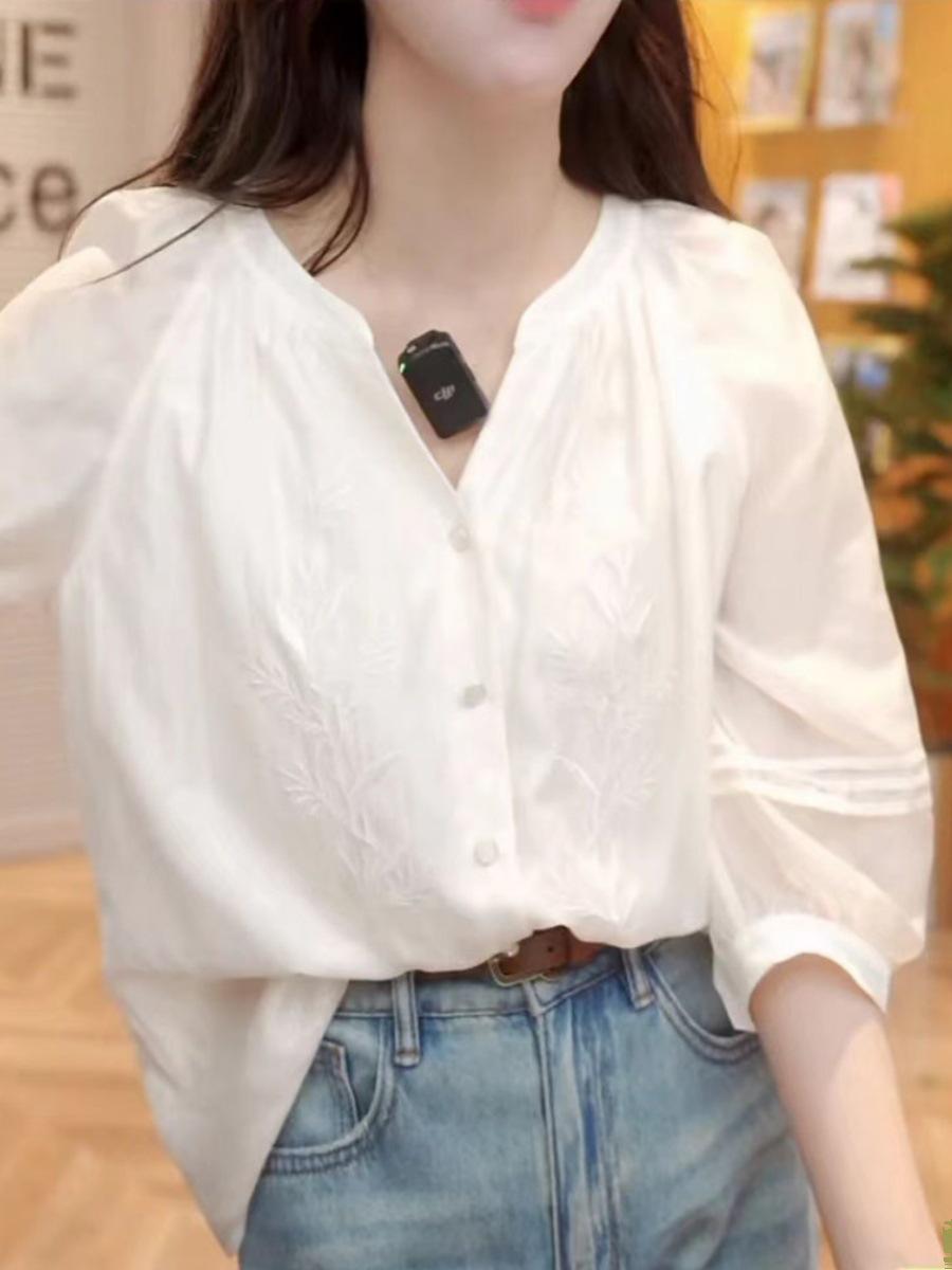 

Женская рубашка премиум-класса с французской вышивкой и пышными рукавами - Летний стиль XL грязно-белый