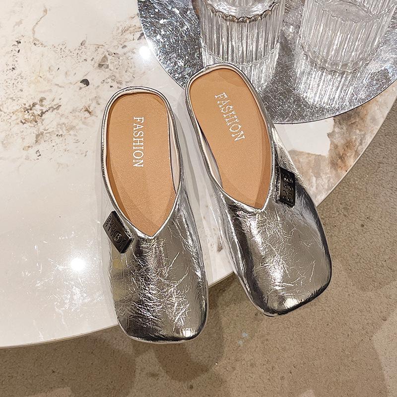 Silver Bag Head Slippers Women's Summer Wear 2025 New One-pedal Lazy Square Head Fashion Temperament Low-heeled Half-tray Shoes