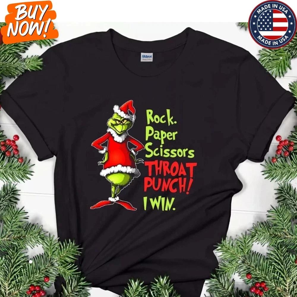Sale Grinch Rock Paper Scissors Throat Punch I Win Christmas Shirt Size S-5XL XXXL