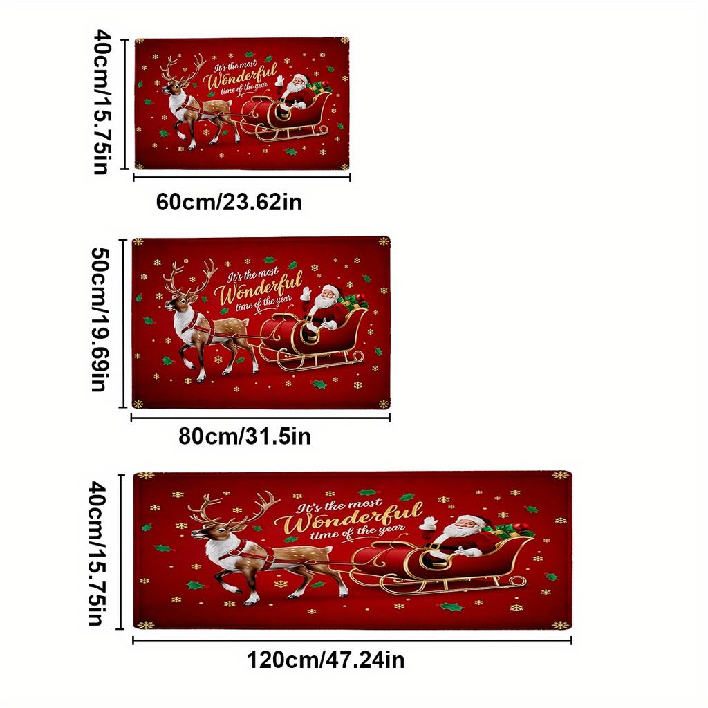 1Pcs Christmas Kitchen Rug, Santa Claus Reindeer Print Floor Mat, Non Slip Washable Carpet, Holiday Decorative Rug for Kitchen Entryway Home Decor