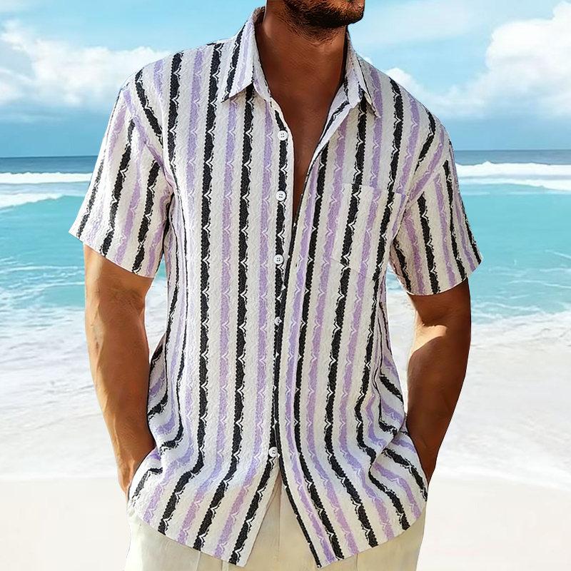 

New Men s Summer Fashion Knitted Striped Short Sleeve Hawaiian Shirt Casual Pocket Beach Holiday Shirts Stylish Mens Clothing XXL фіолетовий