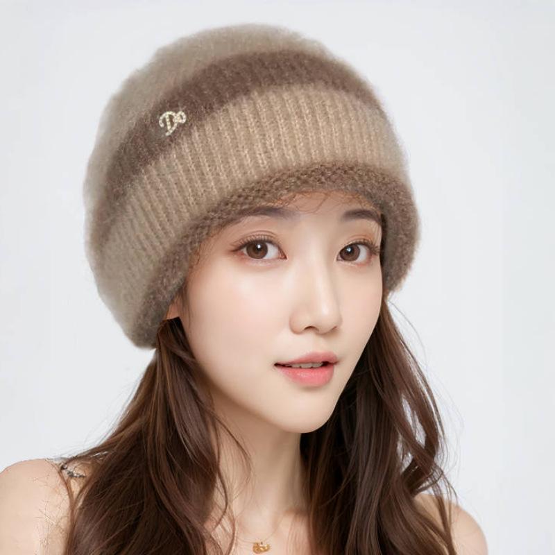 Woolen Hat, Women's Pile Hat, Autumn and Winter Thick Double-layer Warm Knitted Hat