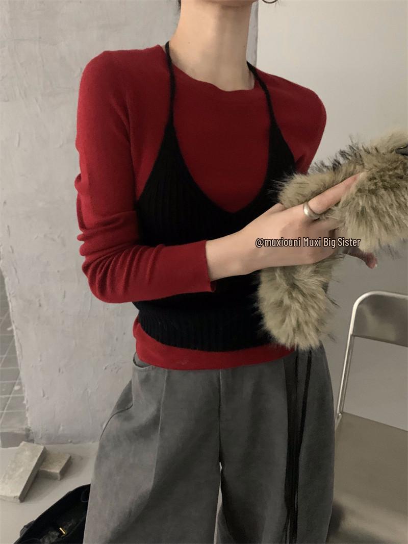 

Korean-Style Ribbed Halter Knit Vest for Women - Petite Autumn Layering Top Large
