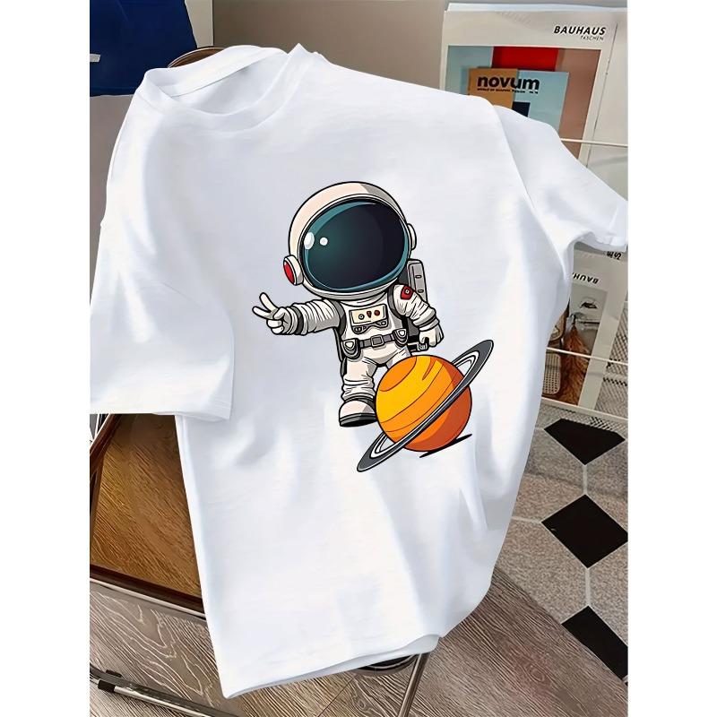 Kids Crewneck Short Sleeve T-Shirt, Loose Casual Cartoon Astronaut & Saturn Print 110 белый