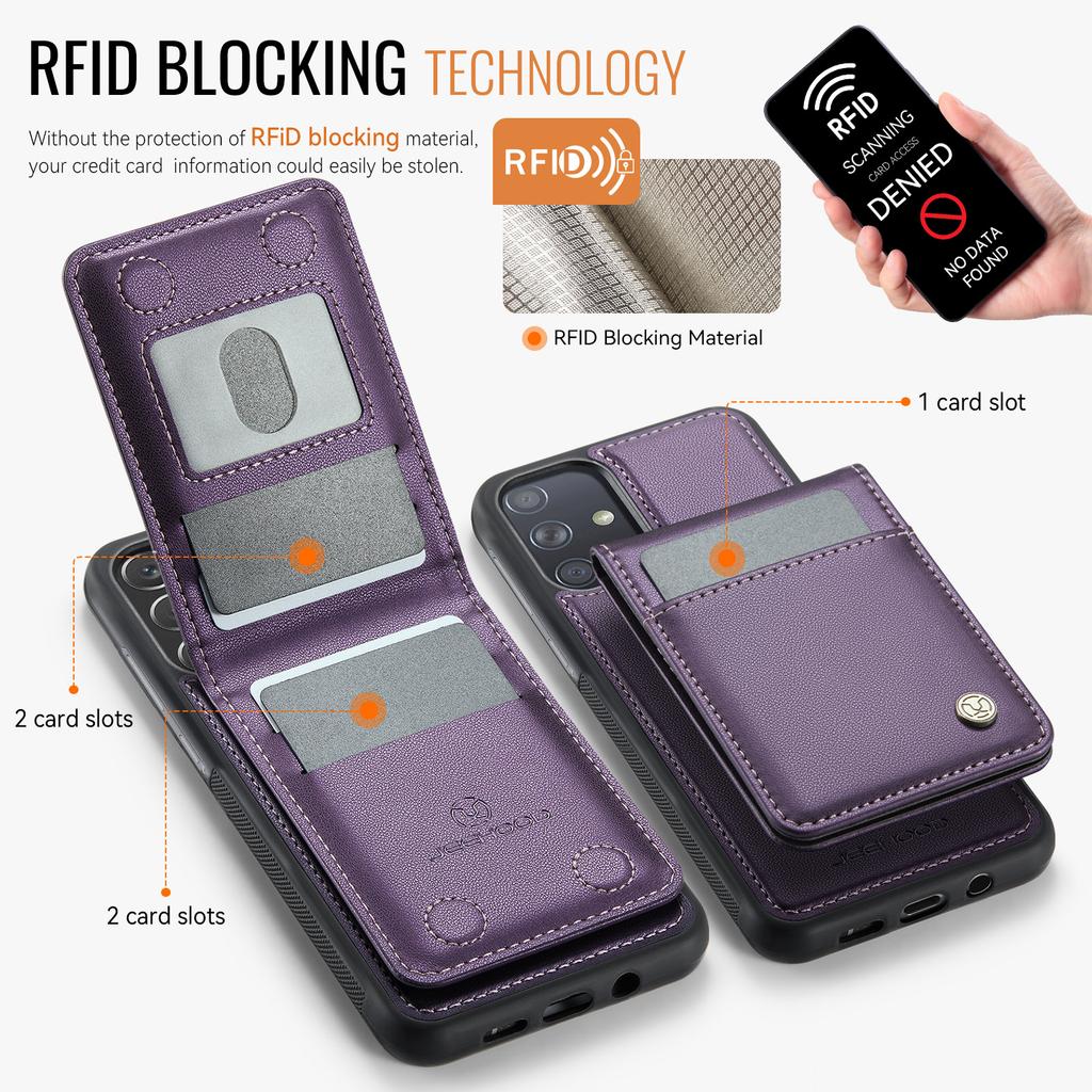 For Samsung Galaxy A51 4G SM-A515 Leather Back Cover Compatible with MagSafe JEEHOOD J06 Phone Case with Card Bag RFID Blocking