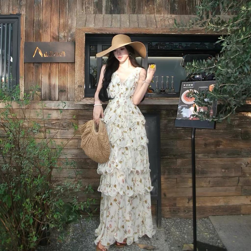 Summer Vacation Floral Printed Halter Chiffon Tiered Maxi Dress for Women Sexy V-Neck Backless Lace-up Ruffles Holiday Long Dress