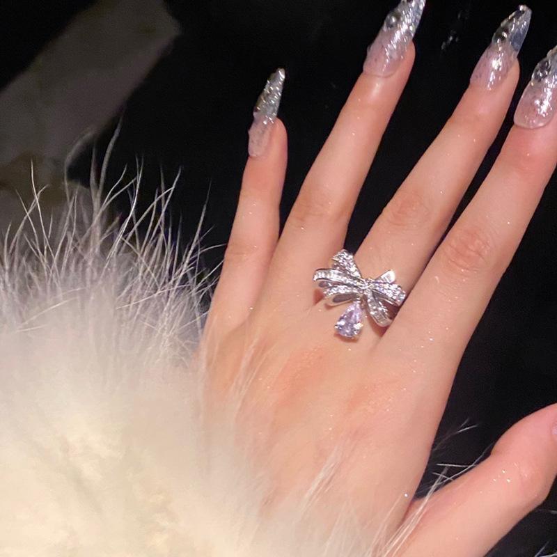 Bow, Water Drop Ring, Female Flash Diamond, Zircon, Light Luxury Texture, Niche Design, Sweet And Cool Style, Advanced Feeling Index Finger