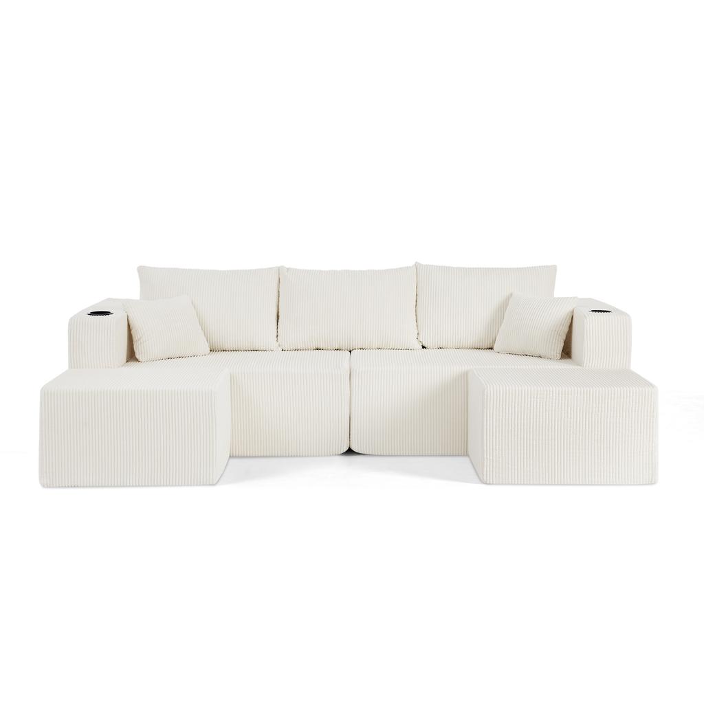 3-Seater Modular Corner Sofa, with Movable Ottomans, Soft Corduroy Fabric, Cup Holder, for Living Room, Hotels and Rental Apartments, Beige