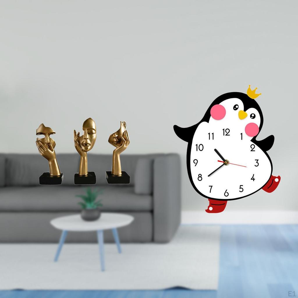 Resin Thinker Sculptures And Cartoon Penguin Wooden Wall Clock Decorative Abstract Art for Office