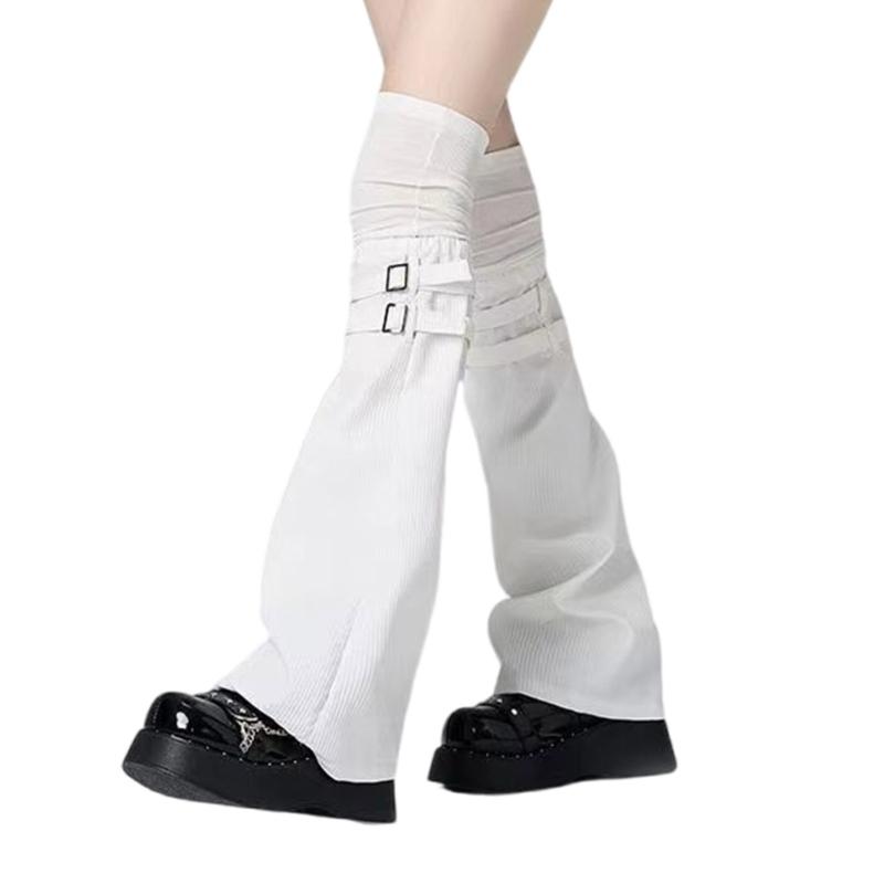Harajuku Aesthetic Solid Color Leg Warmer Long Socks for Women Punk Buckled Strap Fastener Flared Leg Sleeves Streetwear