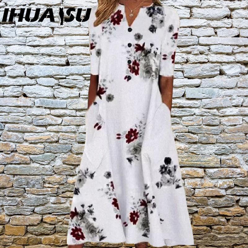 IHUASU Vestidos Elegantes Femininos Decote V Manga Curta Botão Vestido de Festa Feminino Verão Estampa Vintage Vestido Casual Solto Floral Vestidos Femininos