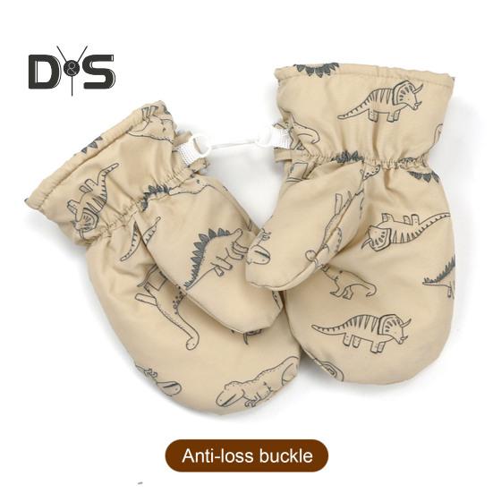 1 Pair Children Winter Mittens Thick Plush-lined Windproof Cartoon Dinosaur Cold Weather Outdoor Gloves Adjustable Fasten Strap Anti-Slip Ski Gloves