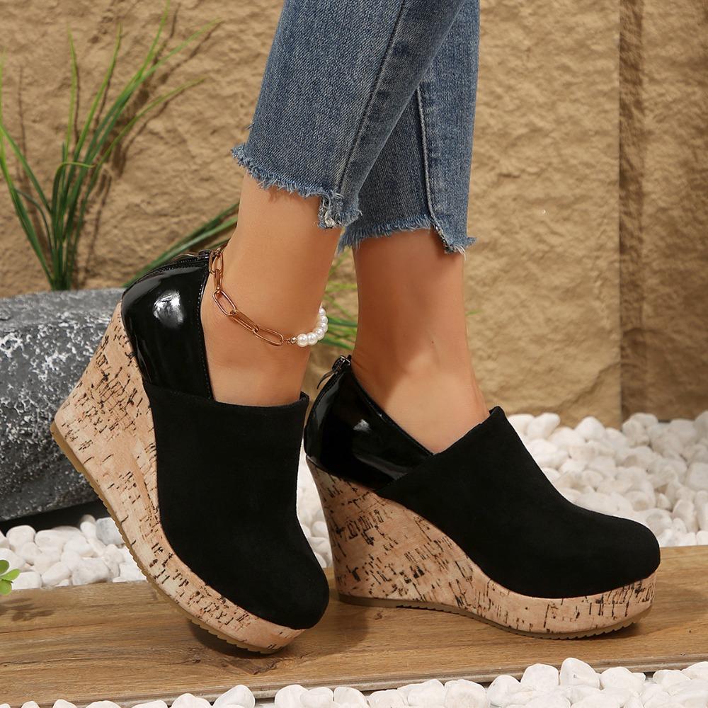 Casual Women's Shoes Large Size Wedge Heel Single Shoes Women's Loafers Spring New Leather Splicing Zipper Platform Shoes Woman