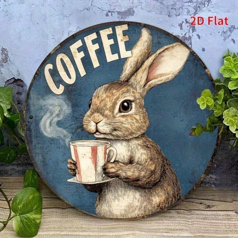 Vintage Kaninchen Kaffee Metallblechschild, 8x8 Zoll Rundes Wanddekor für Bar Café, Haustier Tier Kunstdruck