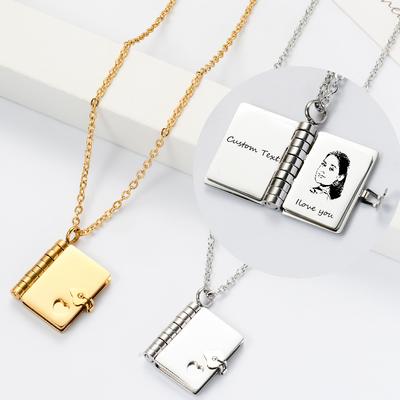 Stainless Steel Custom Text Locket Opening Book Pendant Couple Personalized Charm Necklace Friendship Lover Jewelry Gift