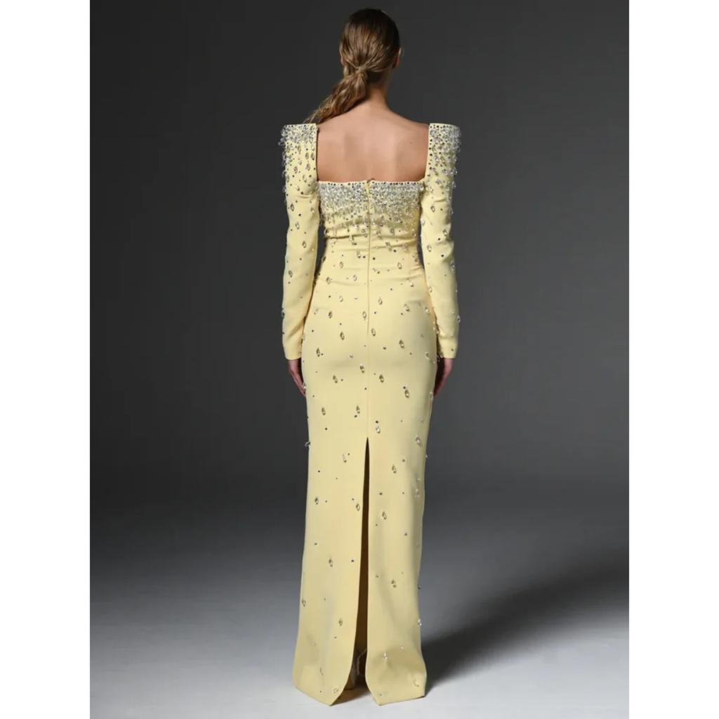 Newest Fashion Designer Vestido Women's Square Collar Beading Diamonds Long Sleeve Maxi Dress