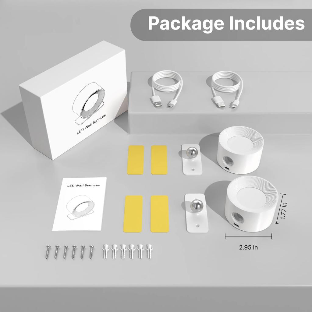 Modern LED Wall Sconces Lamp, 2000mA Battery USB Charging, Touch Controlled 3-level Brightness Modes, 360 Degree Free Rotation