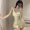 Damen Glänzendes Satin Slip Mini-Kleid Schalkragen Spaghettiträger Bodycon Raffung Partykleid Rückenfrei Nachtclub Cocktail Kurzes Kleid für Abend Clubwear