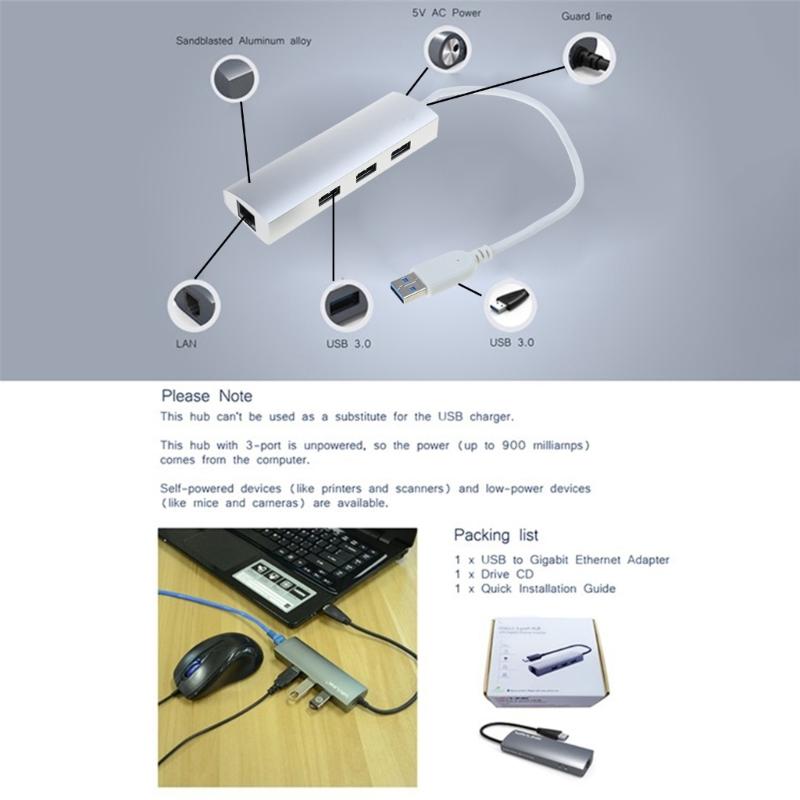 USB3.0 to Ethernet Adapters 3 Port USB3.0 Hub with 1 Gigabits Ethernet Port Laptops Networking Adapters Expander