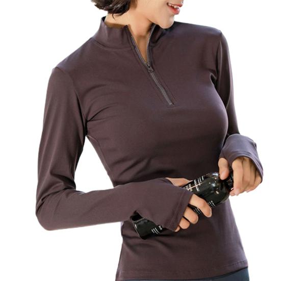 T-shirt da Donna a Manica Lunga, Colore Unico, Mezza Zip, Asciugatura Rapida, Blusa da Fitness e Palestra