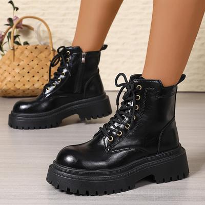 Mode Damen Schwarze Plateau Kampfstiefel Mode Schnürung Reißverschluss PU Leder Kurze Stiefel Frau Dicke Sohle Rutschfest Herbst Winter Schuhe