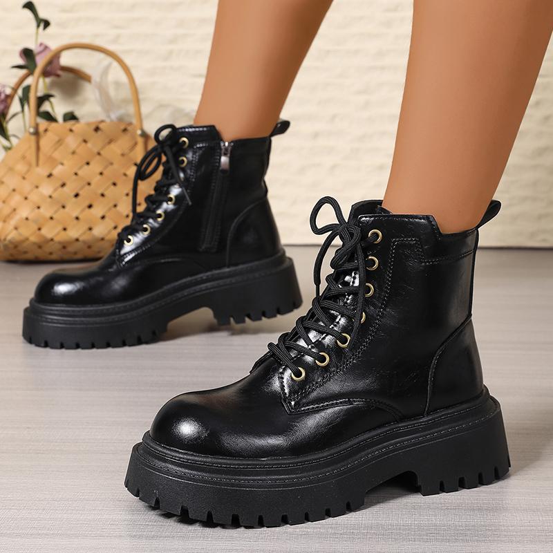 Fashion Women's Black Platform Combat Boots Fashion Lace Up Zipper Pu Leather Short Boots Woman Thick Sole Non Slip Autumn Winter Shoes