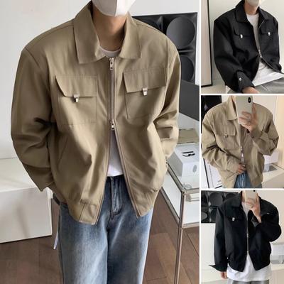 Herrenmantel mit Brusttaschen, doppeltem Reißverschluss, Revers, langen Ärmeln, einfarbiger Jackenmantel, einfarbig, lockere Passform, Cargojacke