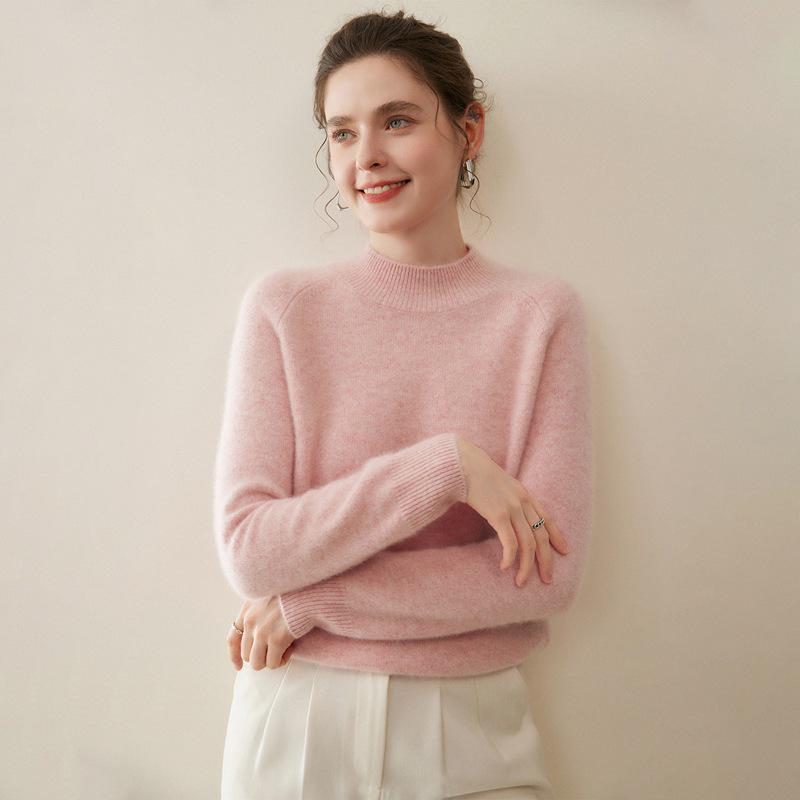 Women's 100% Pure Cashmere Sweater - Autumn/Winter Thick Half-High Collar Knit Base Layer, Loose Slimming Short Style