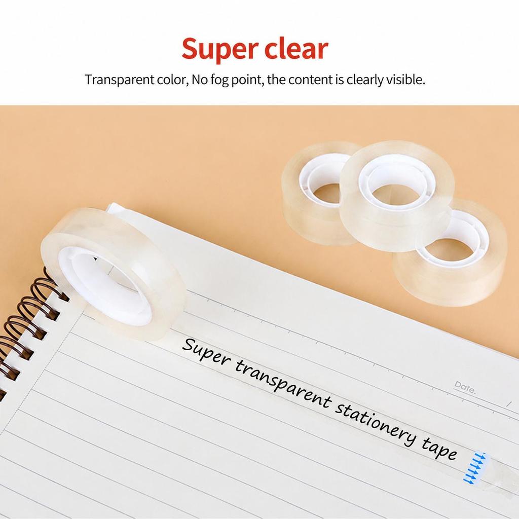5pcsTransparent Adhesive Tape 12mm*30Y with Tape Dispenser Stationery Clear Hand Teared Tape Single Sided Strong Sticky Typo for Office Home Handcraf