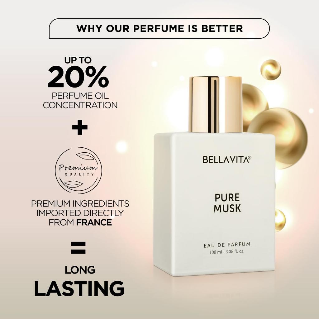 Bellavita Pure Musk Eau De Parfum 100ml | Long Lasting Woody Floral Perfume For Men And Women | Musk Sandalwood Tonka Elegant Fragrance