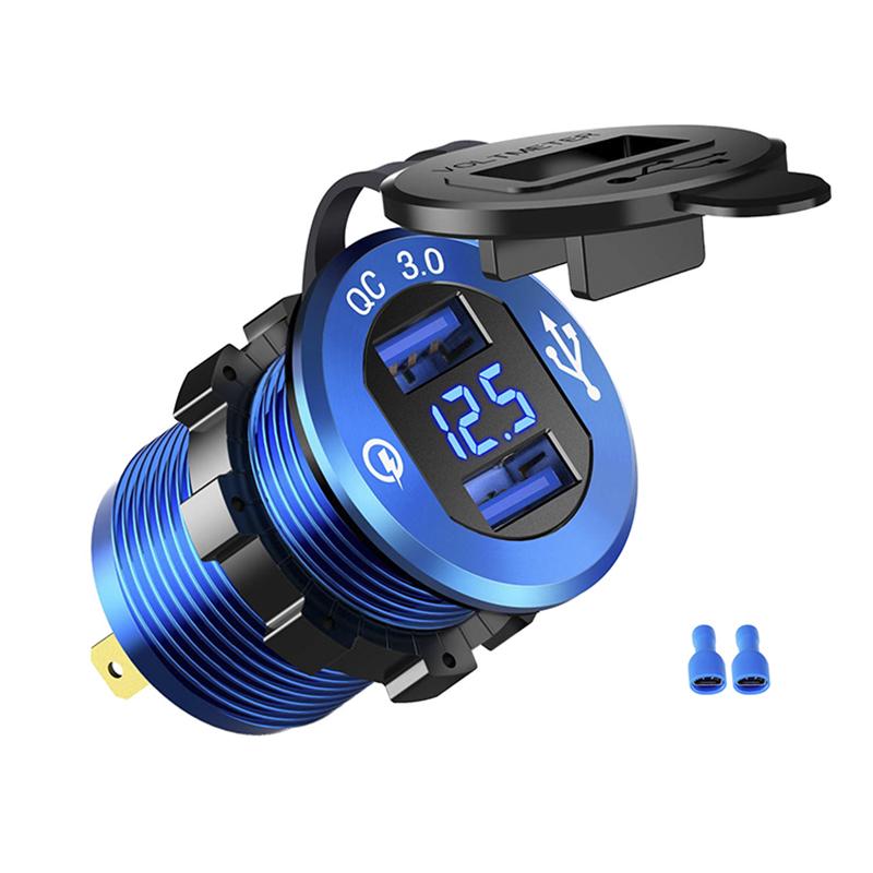 Quick Charge 3.0 Dual USB Car Charger Fast Charge Socket Aluminium Power Outlet with LED Voltmeter for 12V 24V Car Boat