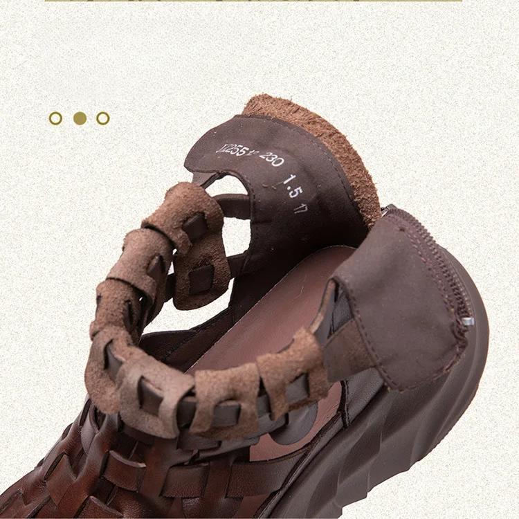 Johnature Cizme de vară țesute manual și respirabile, din piele naturală, retro, confortabile, cu talpă groasă, pantofi de damă