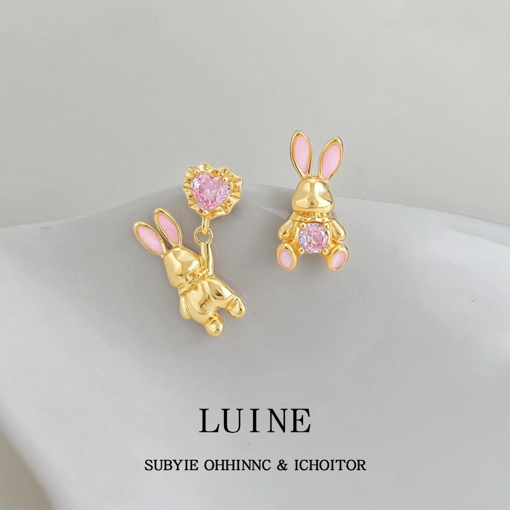 Оригинальный дизайн Милые асимметричные сладкие серьги-кролики с инкрустацией цирконами серебряные иглы Забавные детские серьги
