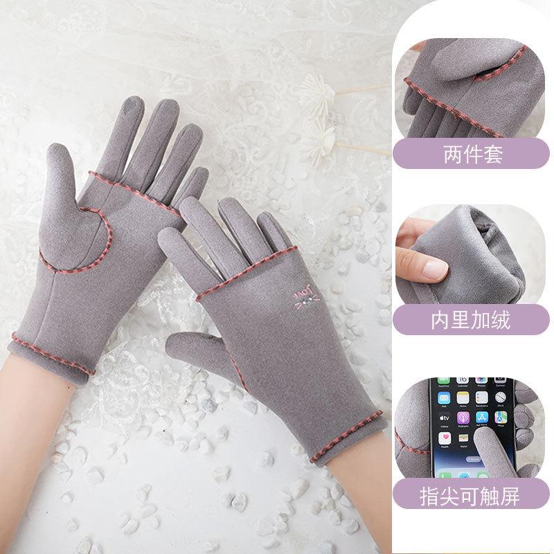 Warm gloves for women's outdoor riding German velvet velvet windproof and cold-proof touch screen driving two-piece set of non-slip gloves