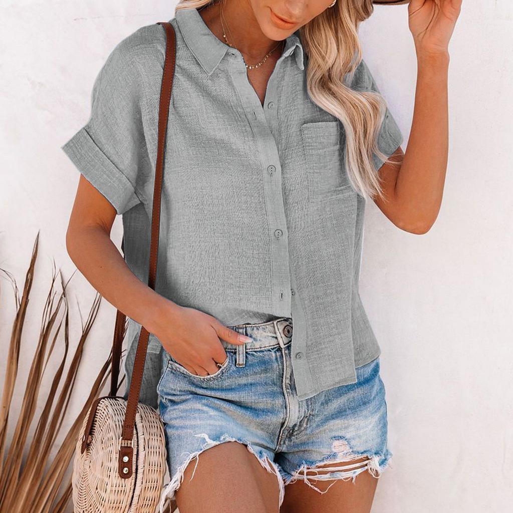 Women's Fashion Shirt Solid Color Short Sleeved Lapel Button Up Shirt Top