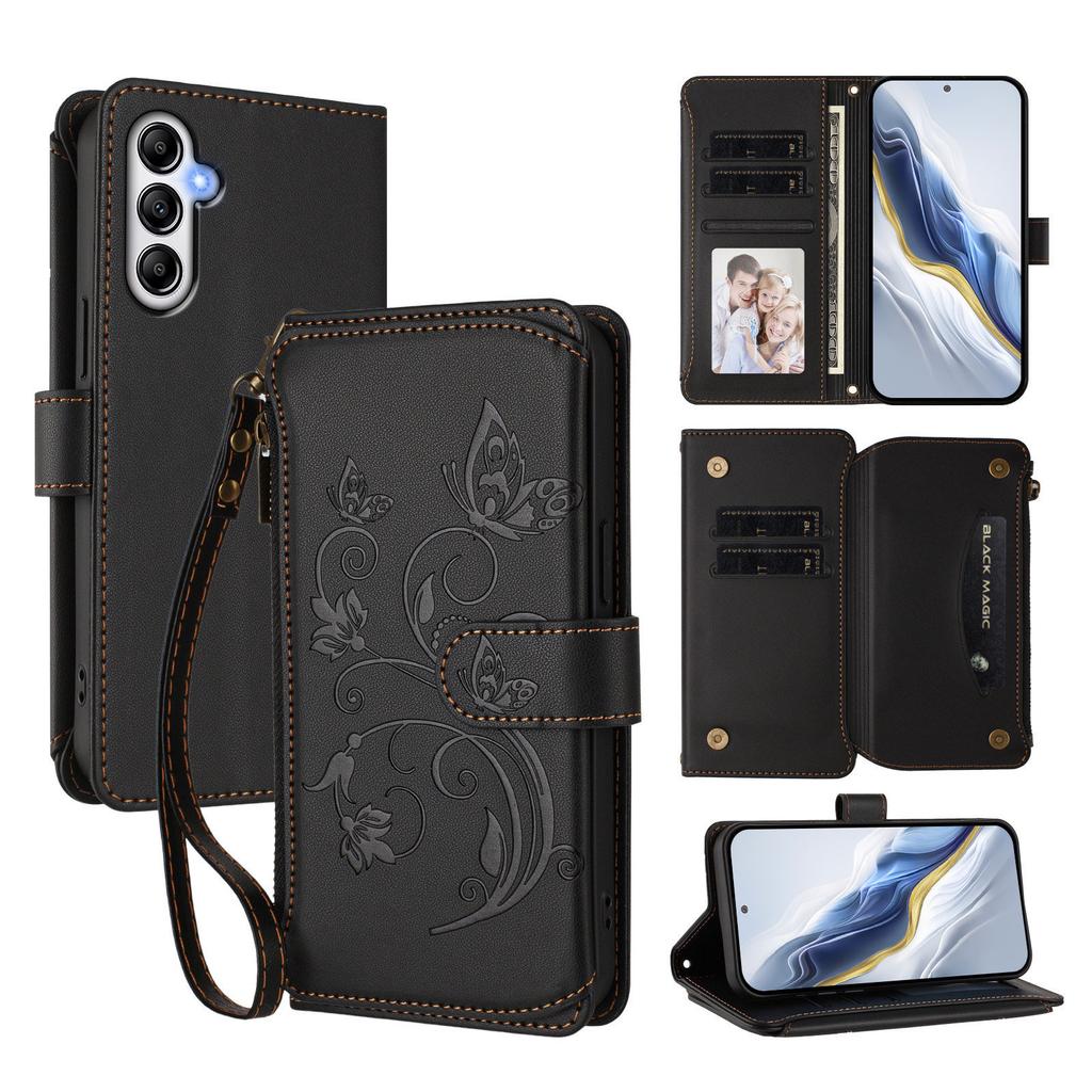 For Samsung Galaxy A56 5G/Galaxy A36 5G Leather Case Butterfly Floral Imprint Zipper Wallet Stand Cover with Wrist Strap