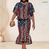 Women Plus Size Black White Printed Round Neck Batwing Sleeve Ruffle Hem Top Fishtail Skirt Two Piece Set