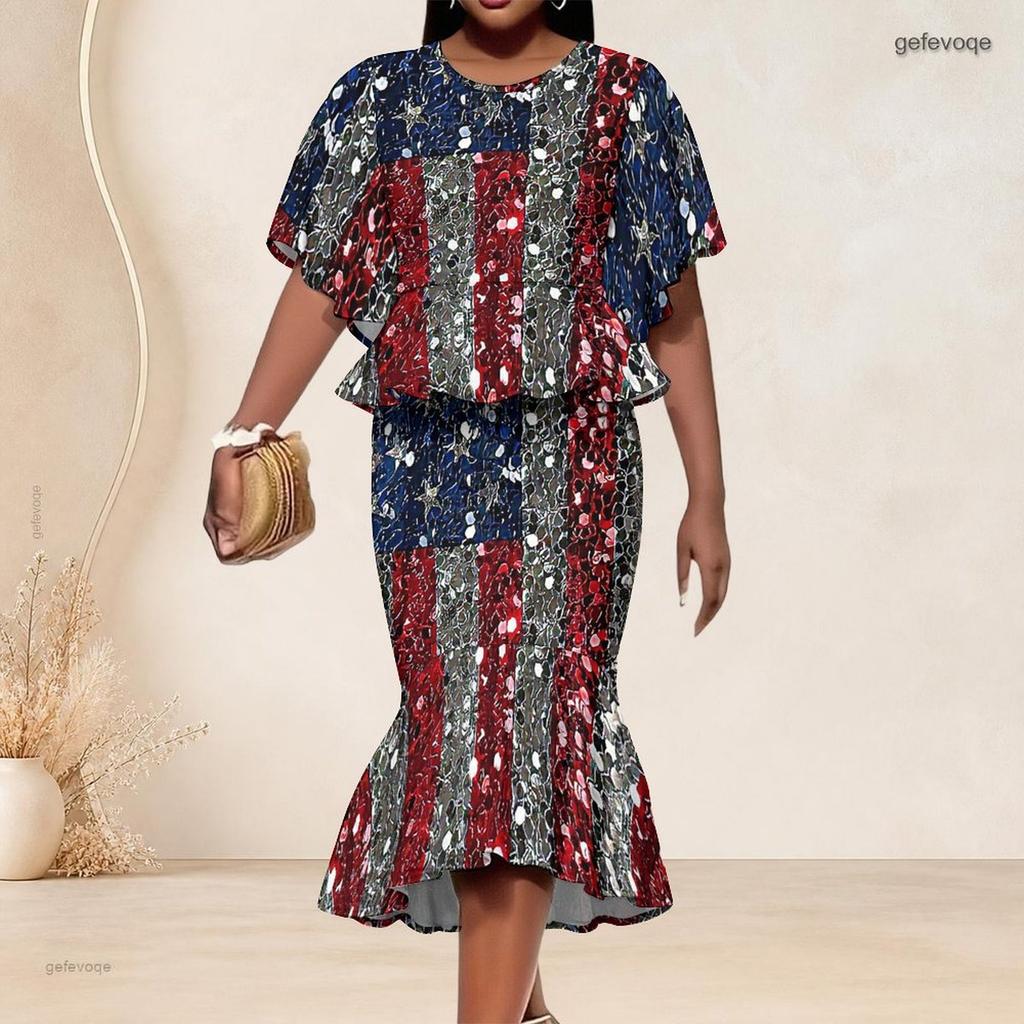 Women Plus Size Black White Printed Round Neck Batwing Sleeve Ruffle Hem Top Fishtail Skirt Two Piece Set