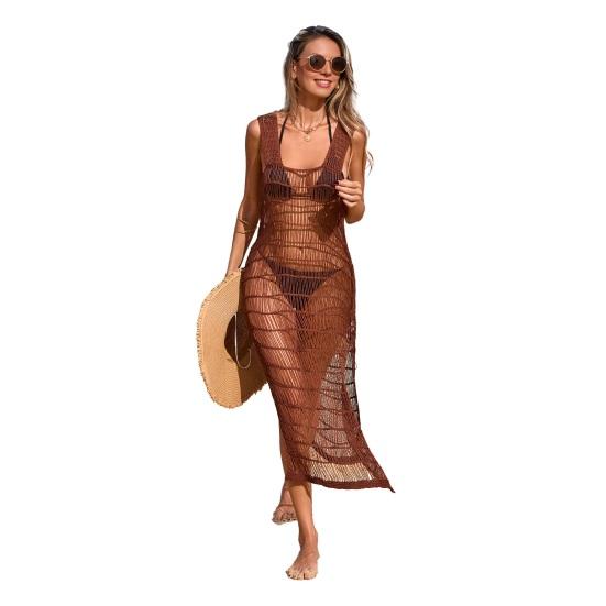 Cover Up Dress Square Collar Sleeveless Side Slit Hem Design Beach Cover Up Dress Quick-Drying Hollow Low-Cut Sexy Swimwear Cover Up