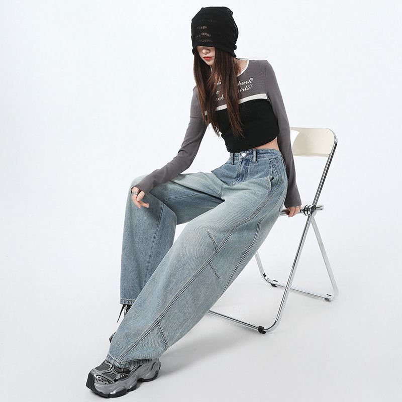 Classic Style Relaxed Fit Banana Wide-leg Jeans for Women In Spring and Autumn Latest High-waist Straight-leg Slimming Floor Scimitar Pants