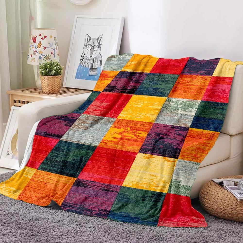 1Pc Abstract Colorful Squares Rug Blanket Soft And Comfortable Casual Warm Camping Travel Christmas Halloween Xmas Gift M928269