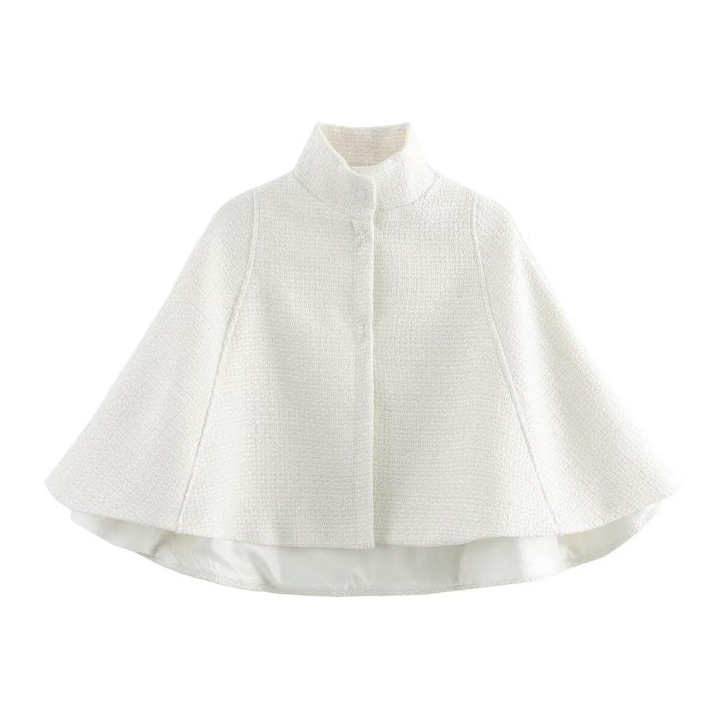 Women's Coarse Wool Stand Collar Cape Coat - Spring 2025 European & American Style, Hidden Button, Short Jacket Top