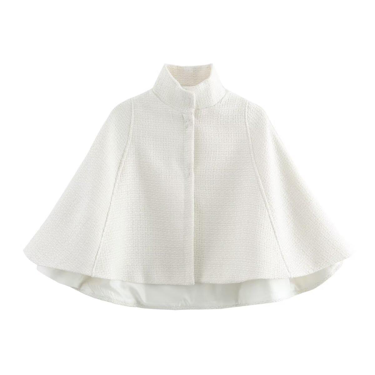 

Women s Coarse Wool Stand Collar Cape Coat - Spring 2025 European & American Style, Hidden Button, Short Jacket Top Small
