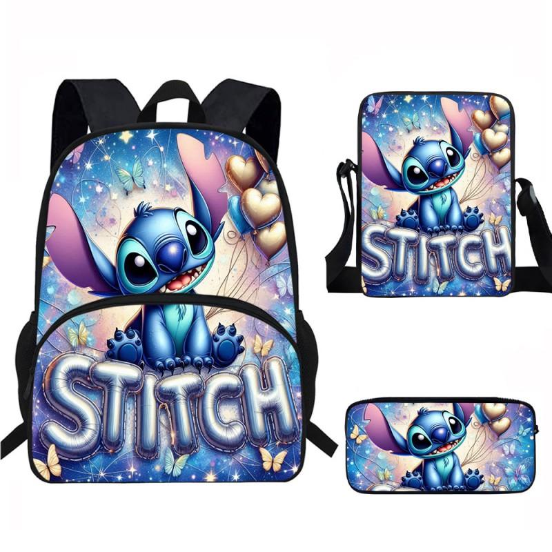 Stitch Kids School Backpack Set Elementary Students Oxford Fabric Ergonomic Design Printed Cartoon 3-Piece Bundle