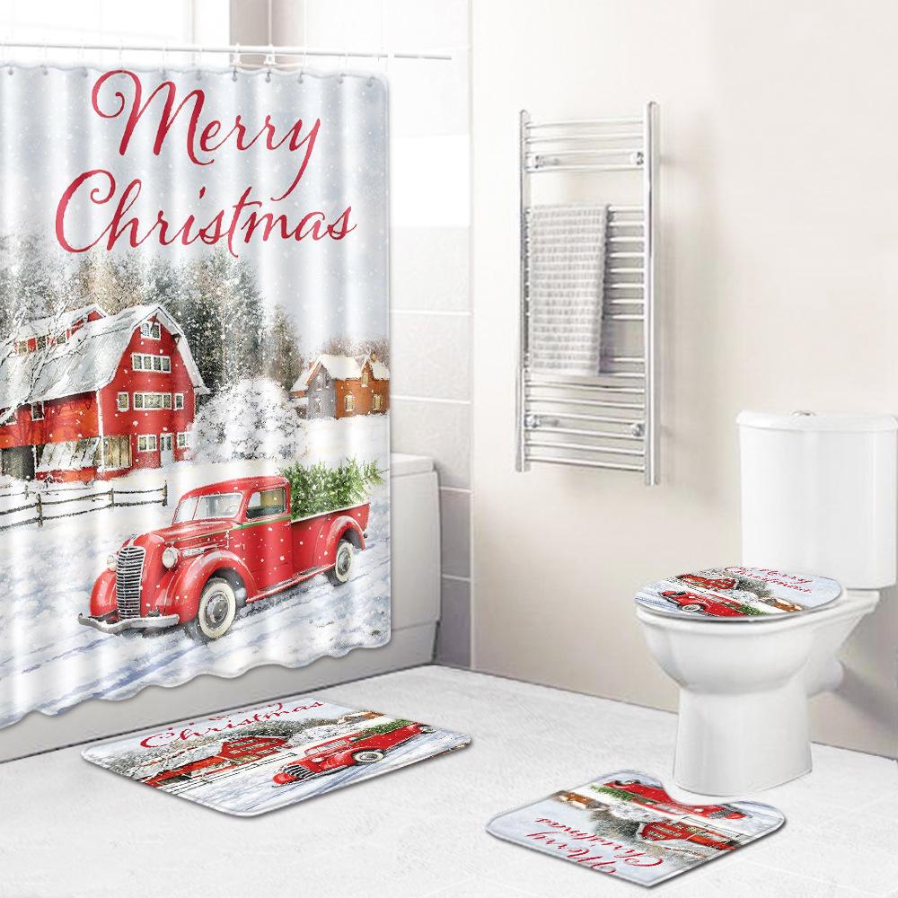 Christmas Toilet Seat Shower Curtain Four-Piece Printed Floor Mat Set Bathroom Floor Mat Bedroom Absorbent Door Mat Carpet