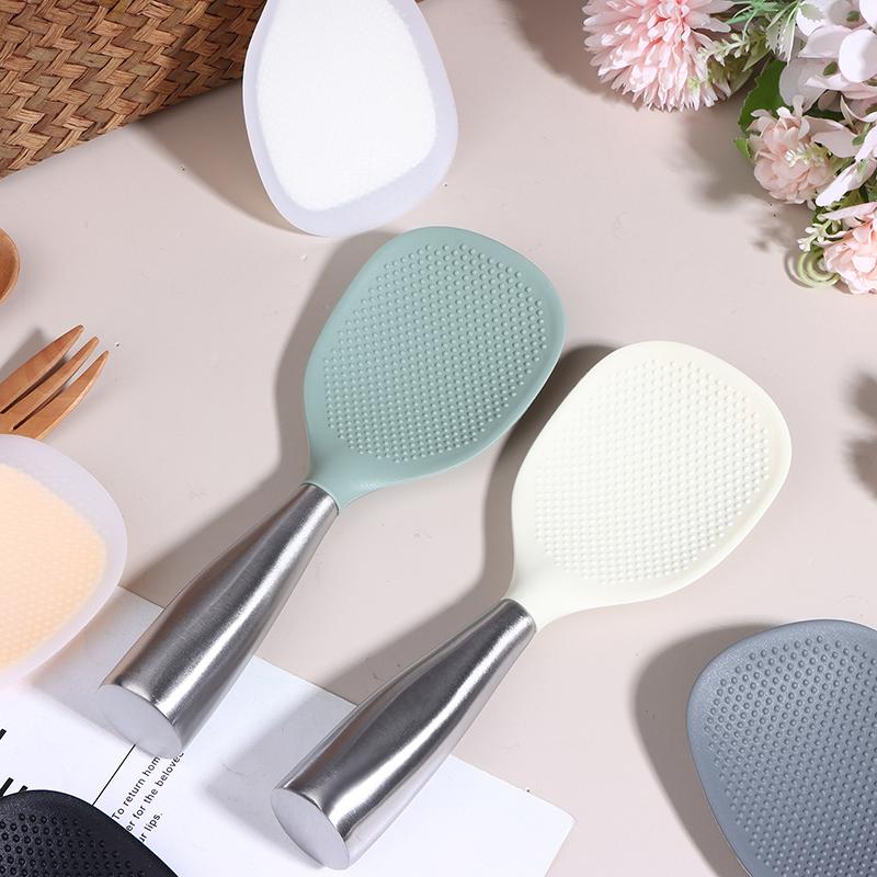 1Pc Silicone Spoon Non-Stick Cooking Spoon Stainless Steel Handle Anti-Scalding Pot Rice Spoon Durable Kitchen Gadgets