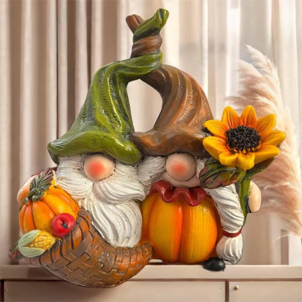 Autumn Harvest Gnome Figurines with Sunflower and Pumpkin Accents Festive Thanksgiving Home Decor Statues for Fall Season