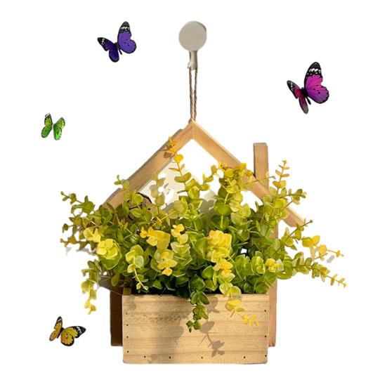 Wood Wall Planter with Artificial Plants, LED Lighted Rustic Farmhouse Wall Decor, Hanging Fake Plants Flowers Holder Vase for Bedroom Living Room